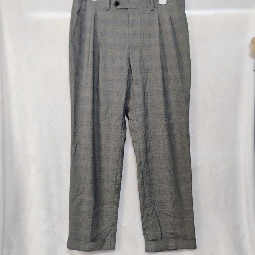 Ralph Lauren Mens Grey Glen Plaid Pleated Cuffed Dress Pants 34 x 29 Stretch H - Picture 2 of 5